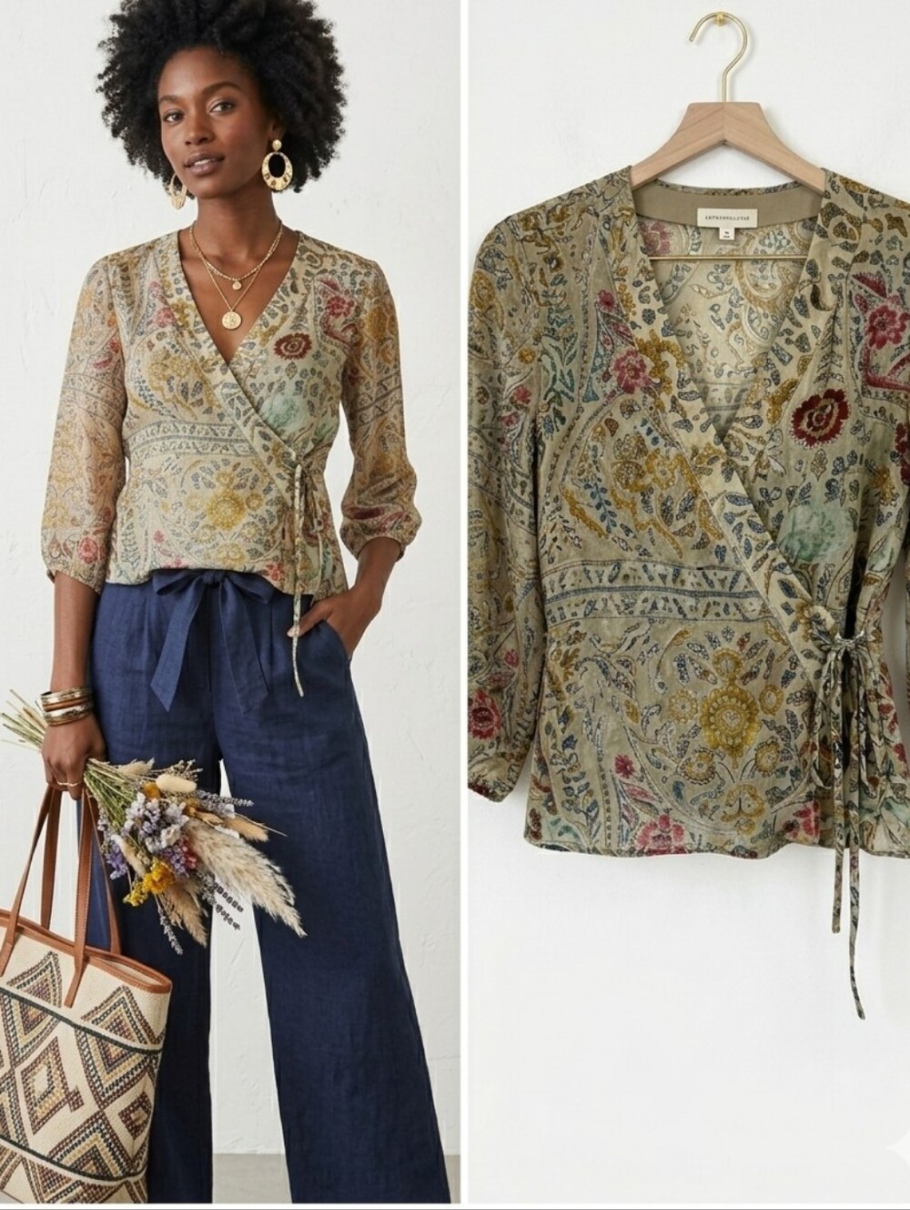 Anthropologie 100% Silk Paisley Wrap Blouse Top Small